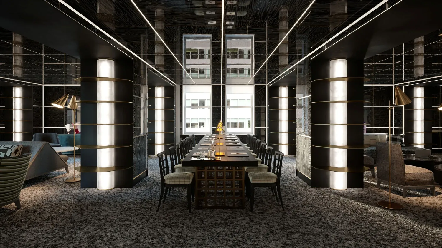 a kitchen with refrigerator and chairs