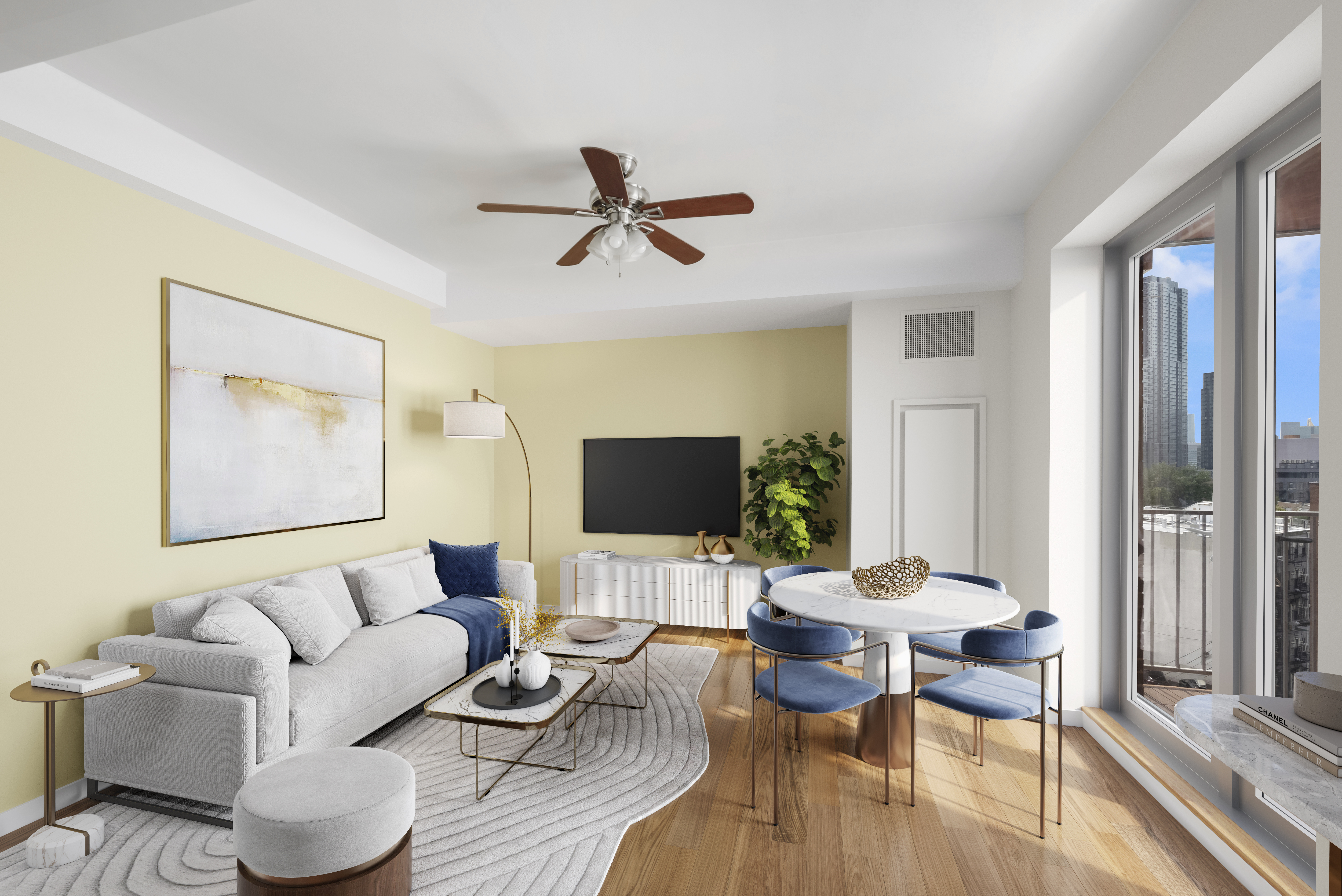 10-63 Jackson Avenue, Unit 7A Queens, NY 11101 - Photo 5 of 11 a living room with furniture and a flat screen tv