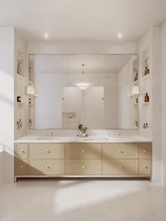a bathroom with a bathtub sink and mirror