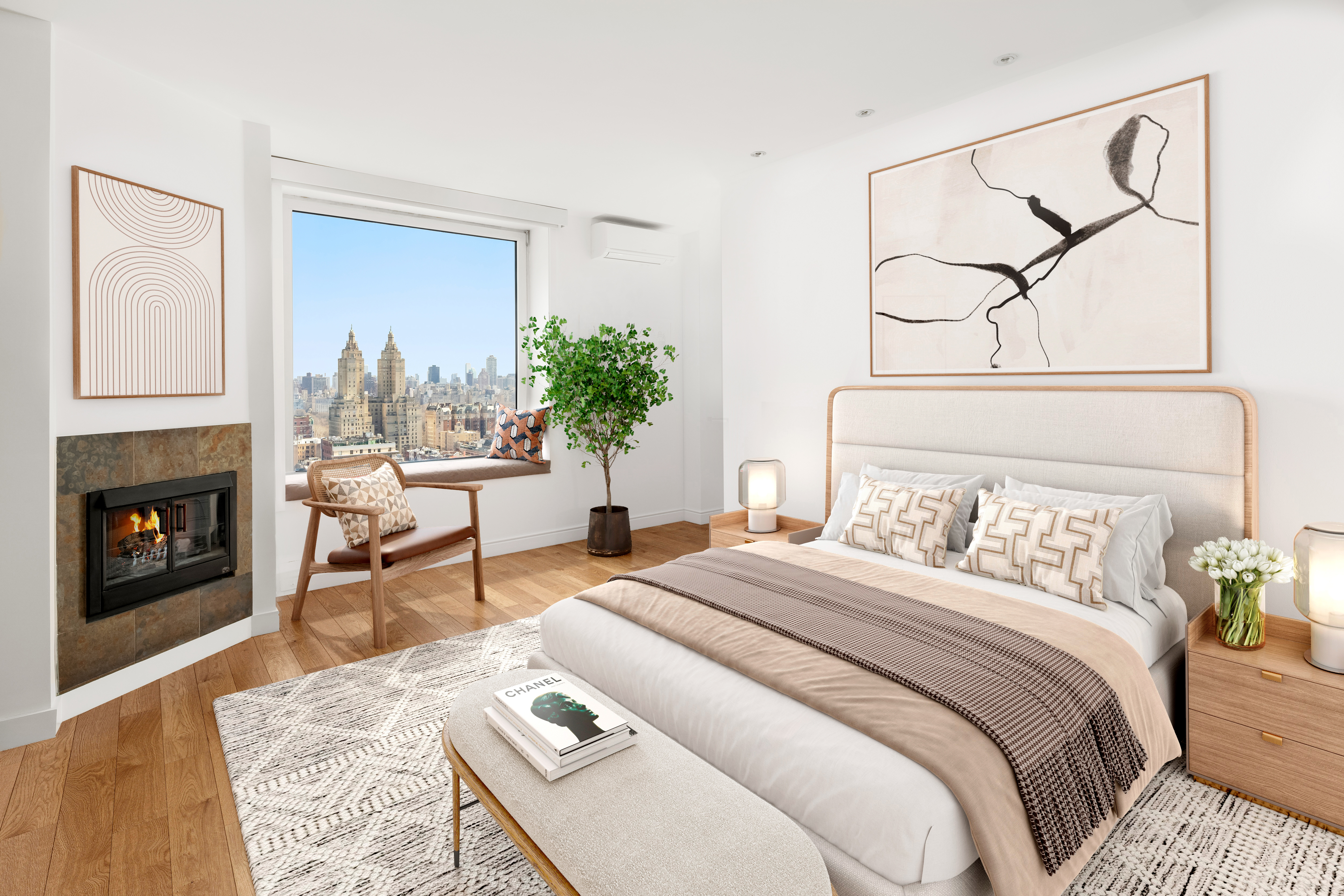 2166 Broadway, Unit PH Manhattan, NY 10024 - Photo 9 of 37 a bedroom with a bed and a fireplace