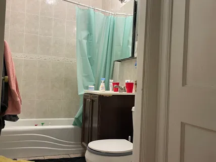 a bathroom with a toilet and a shower