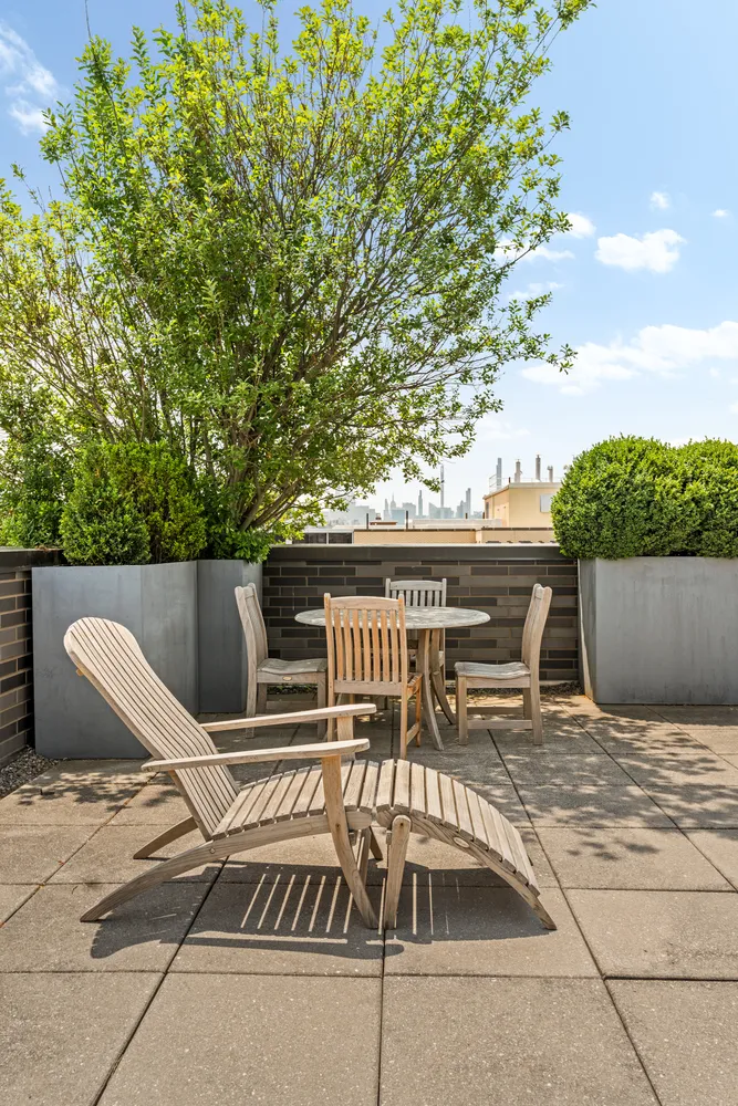 a roof deck with table and chairs and potted plants