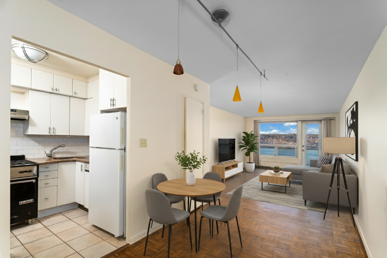 2575 Palisade Avenue, Unit 11J Bronx, NY 10463 - Photo 4 of 13 a kitchen with stainless steel appliances a dining table chairs and a refrigerator