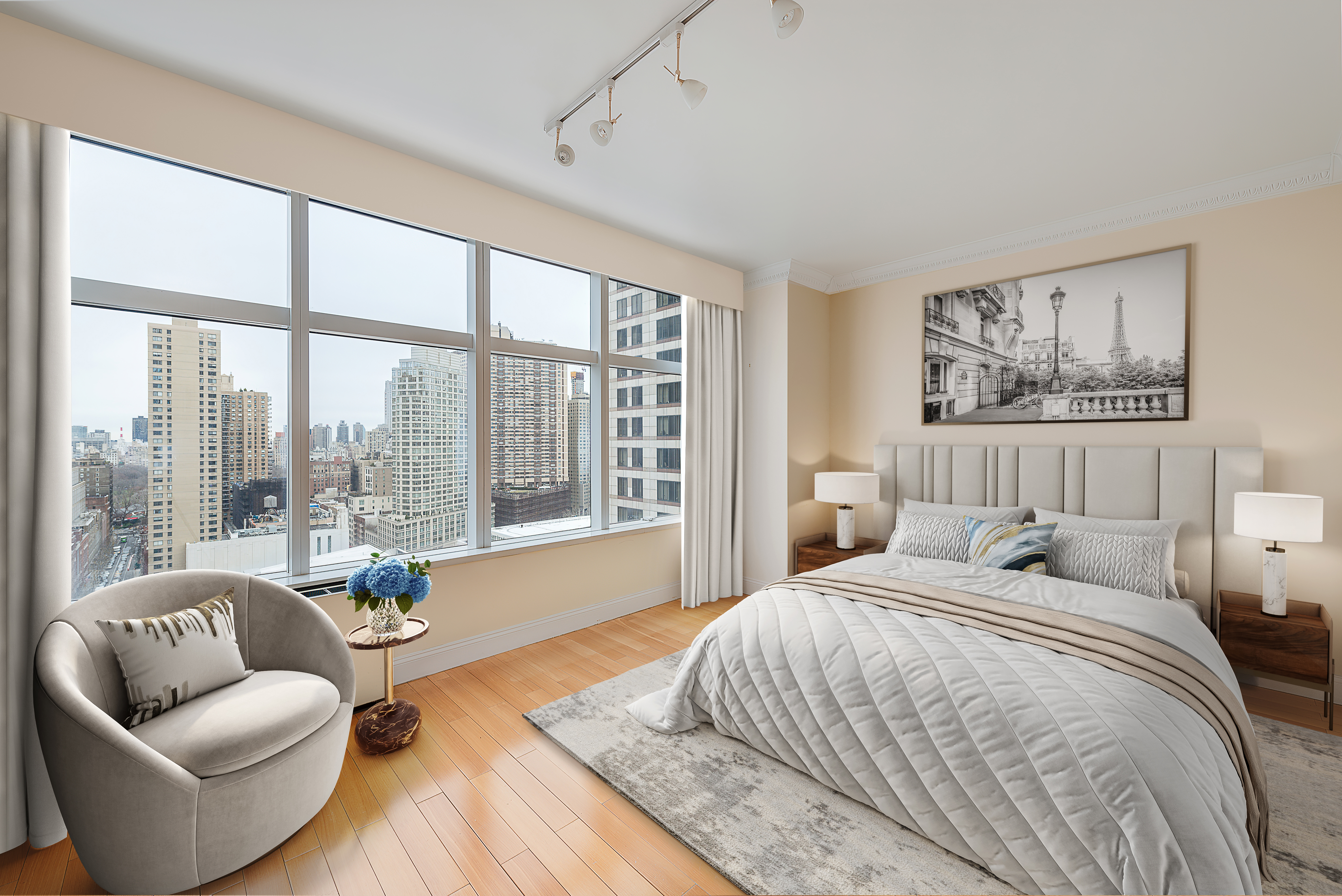 160 West 66th Street, Unit 23D Manhattan, NY 10023 - Photo 4 of 10 a bedroom with bed couch and a large window