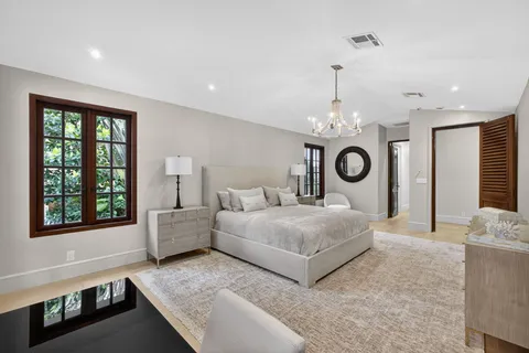 a bedroom with bed and a large window