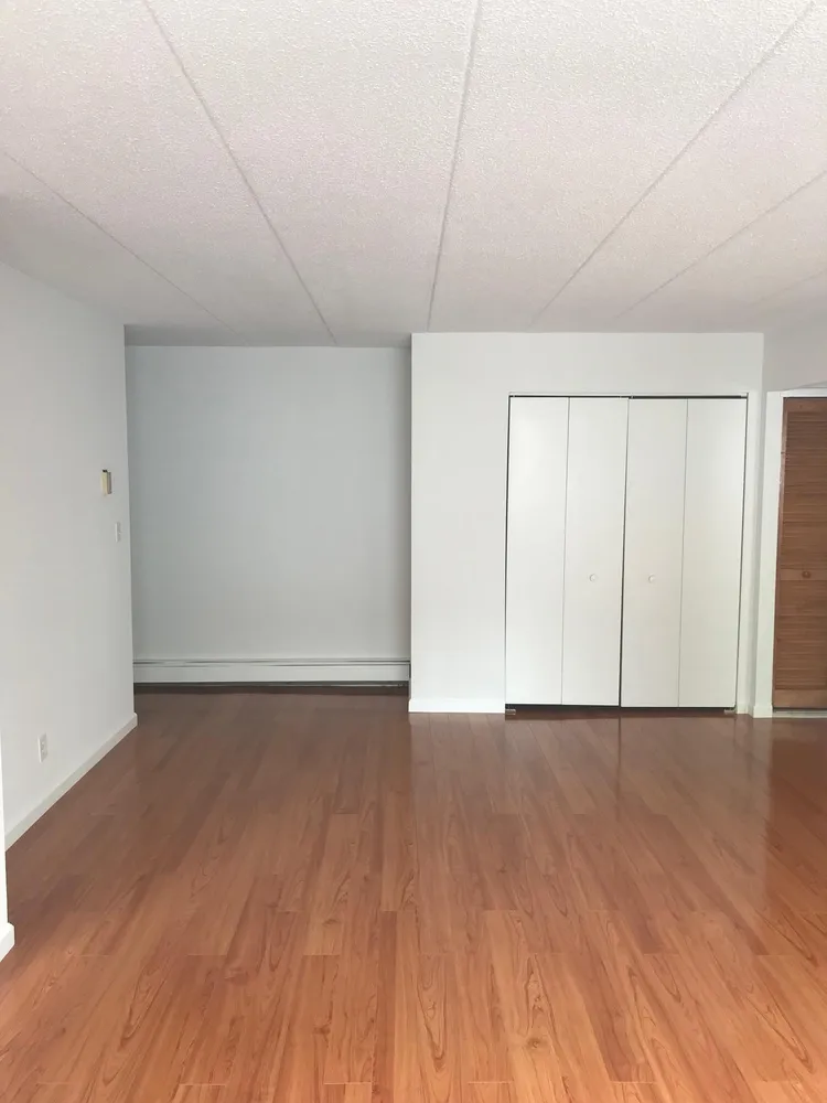 a view of an empty room with wooden floor