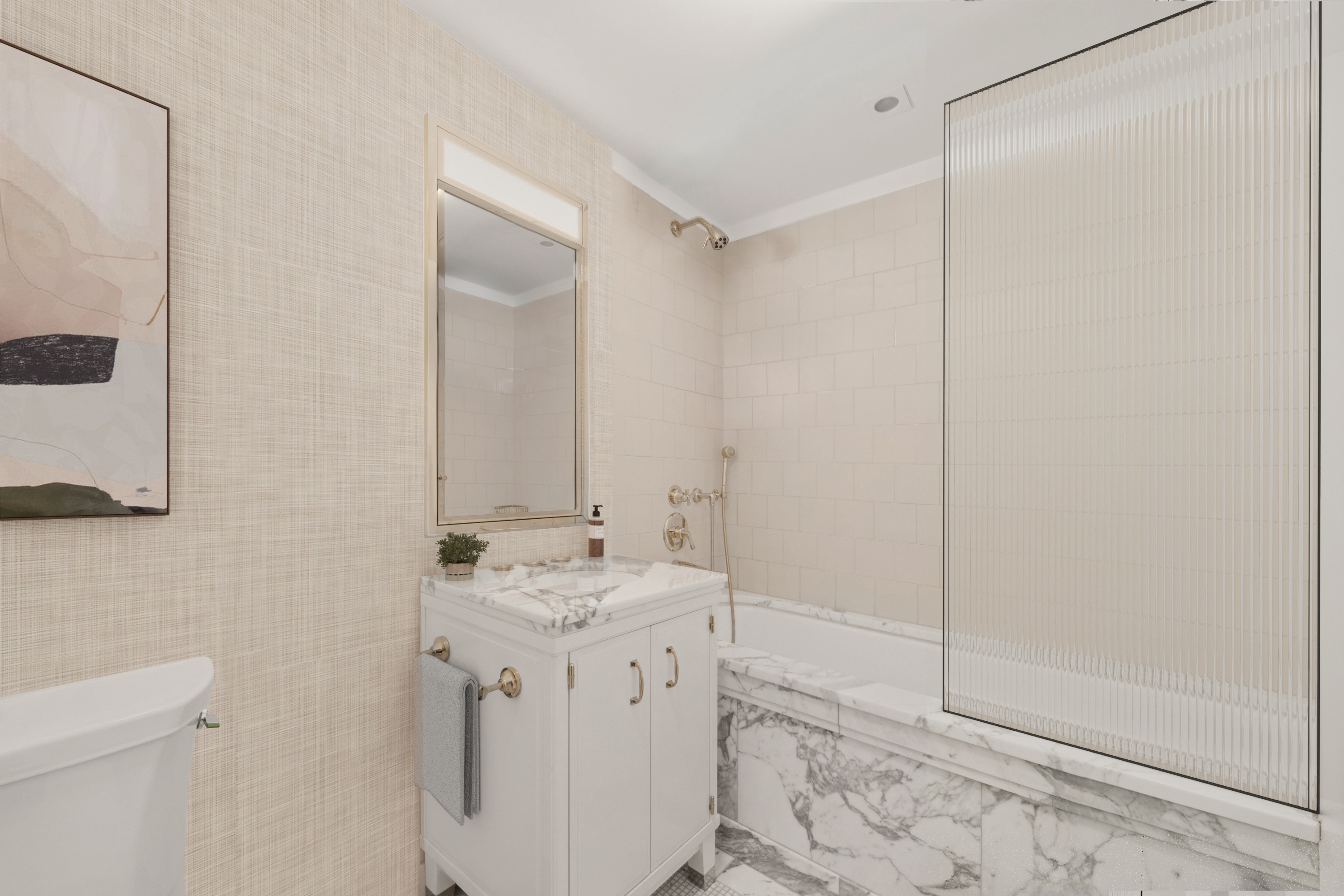 150 West 12th Street, Unit 3W Manhattan, NY 10011 - Photo 15 of 27 a bathroom with a shower sink vanity and mirror