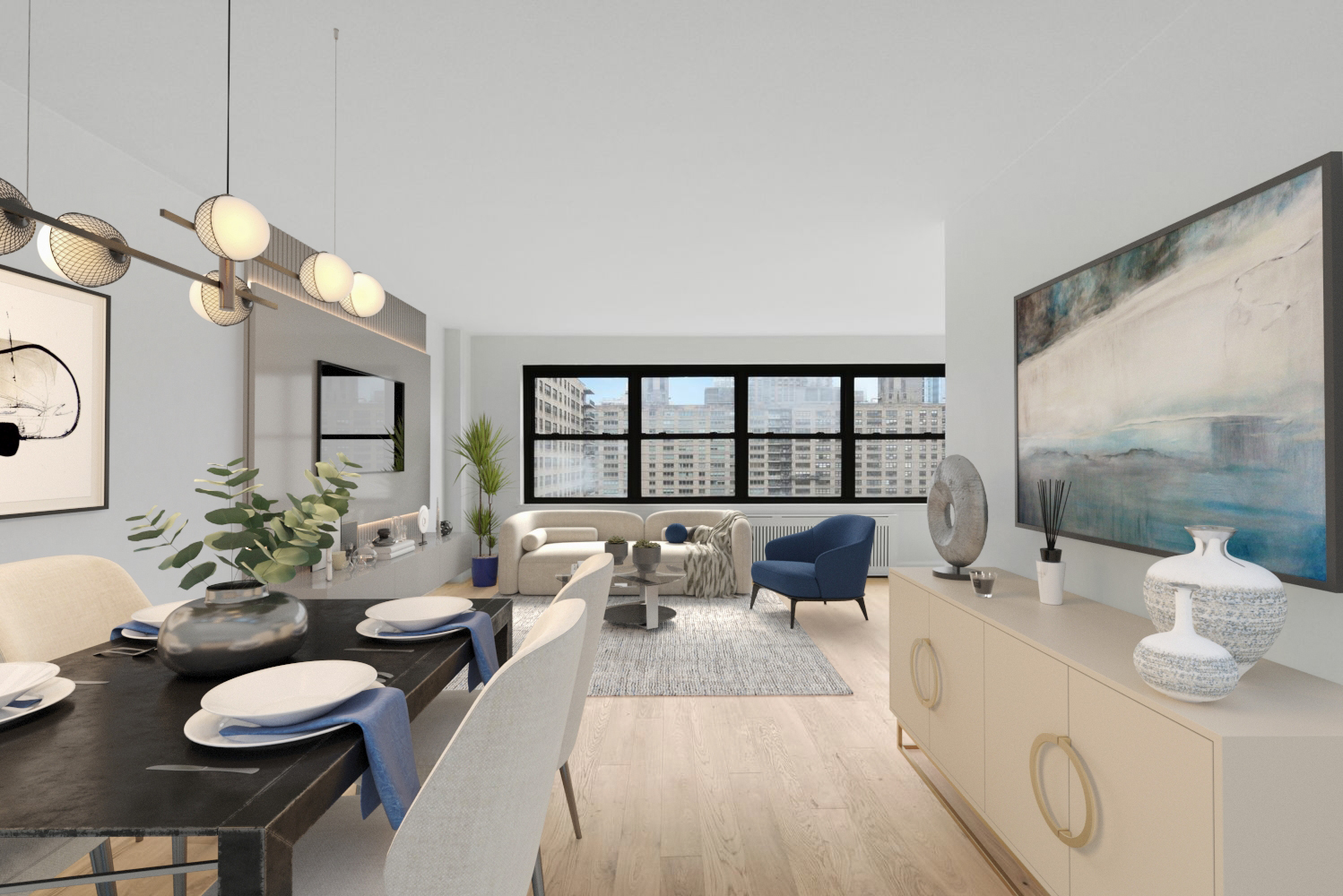 185 West End Avenue, Unit 26J Manhattan, NY 10023 - Photo 3 of 18 a living room with furniture and a large window