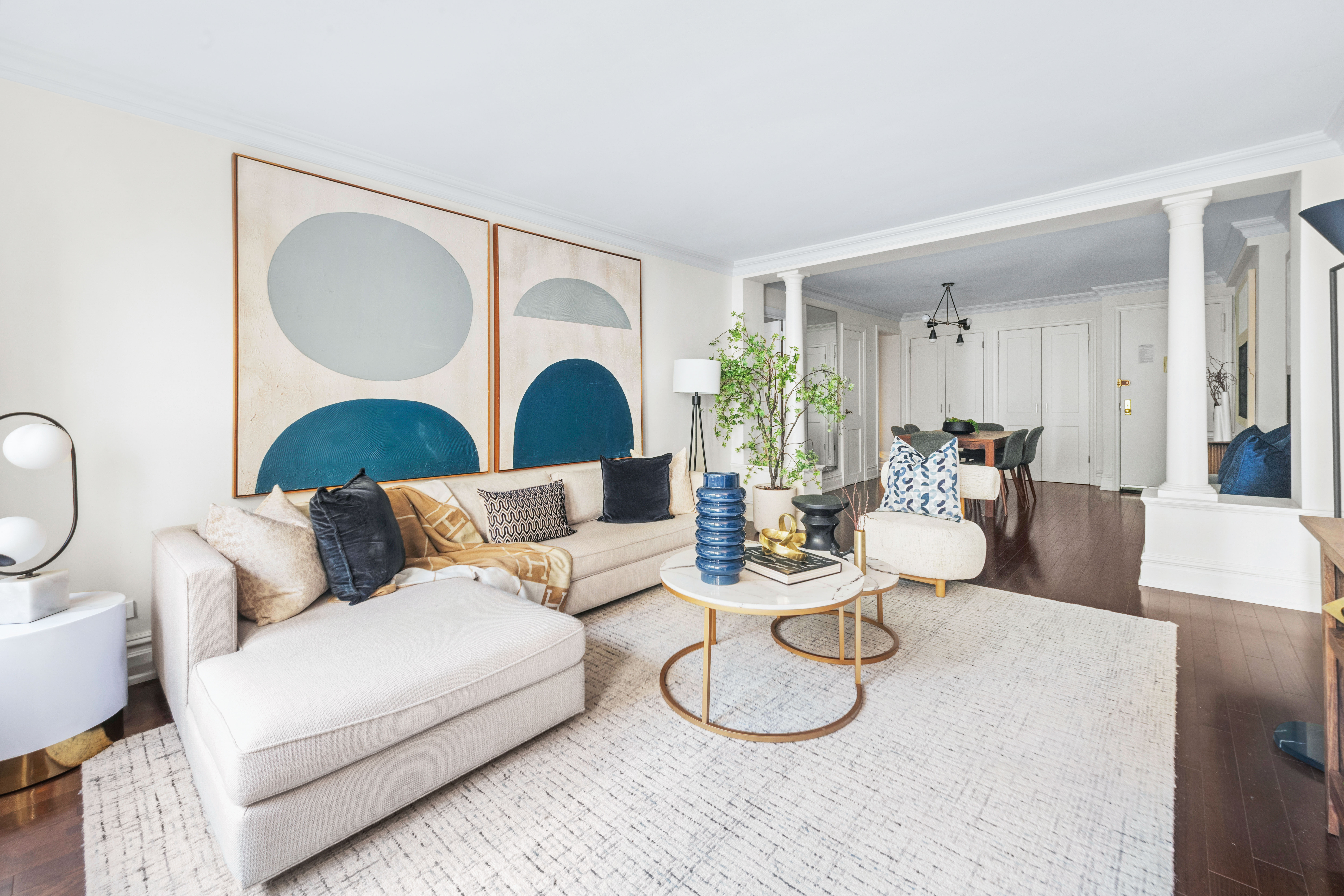 a living room with furniture a rug potted plant and a window