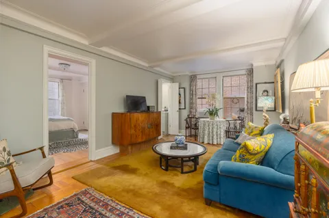 a living room with furniture a rug and a window