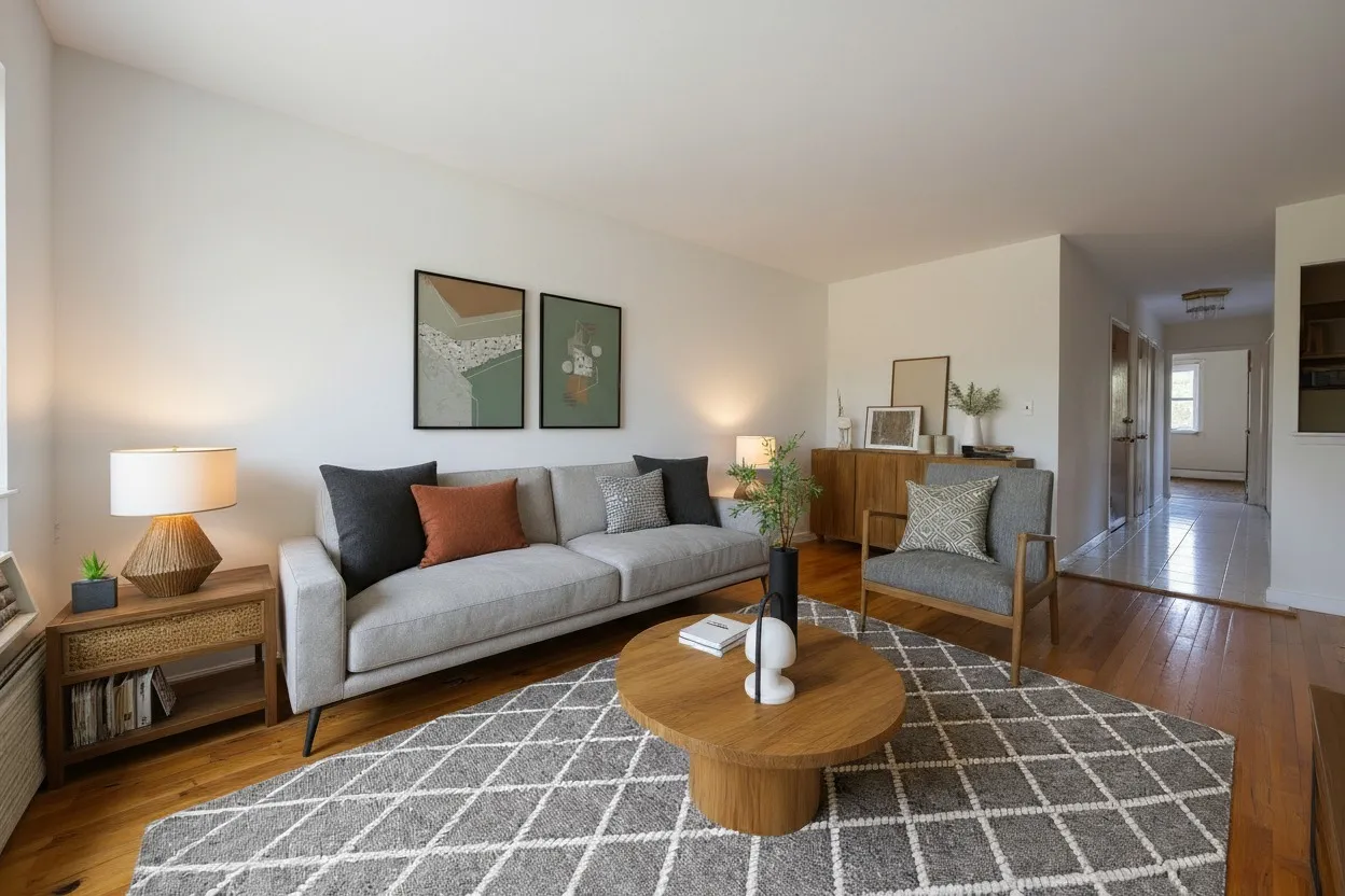 a living room with furniture and a rug