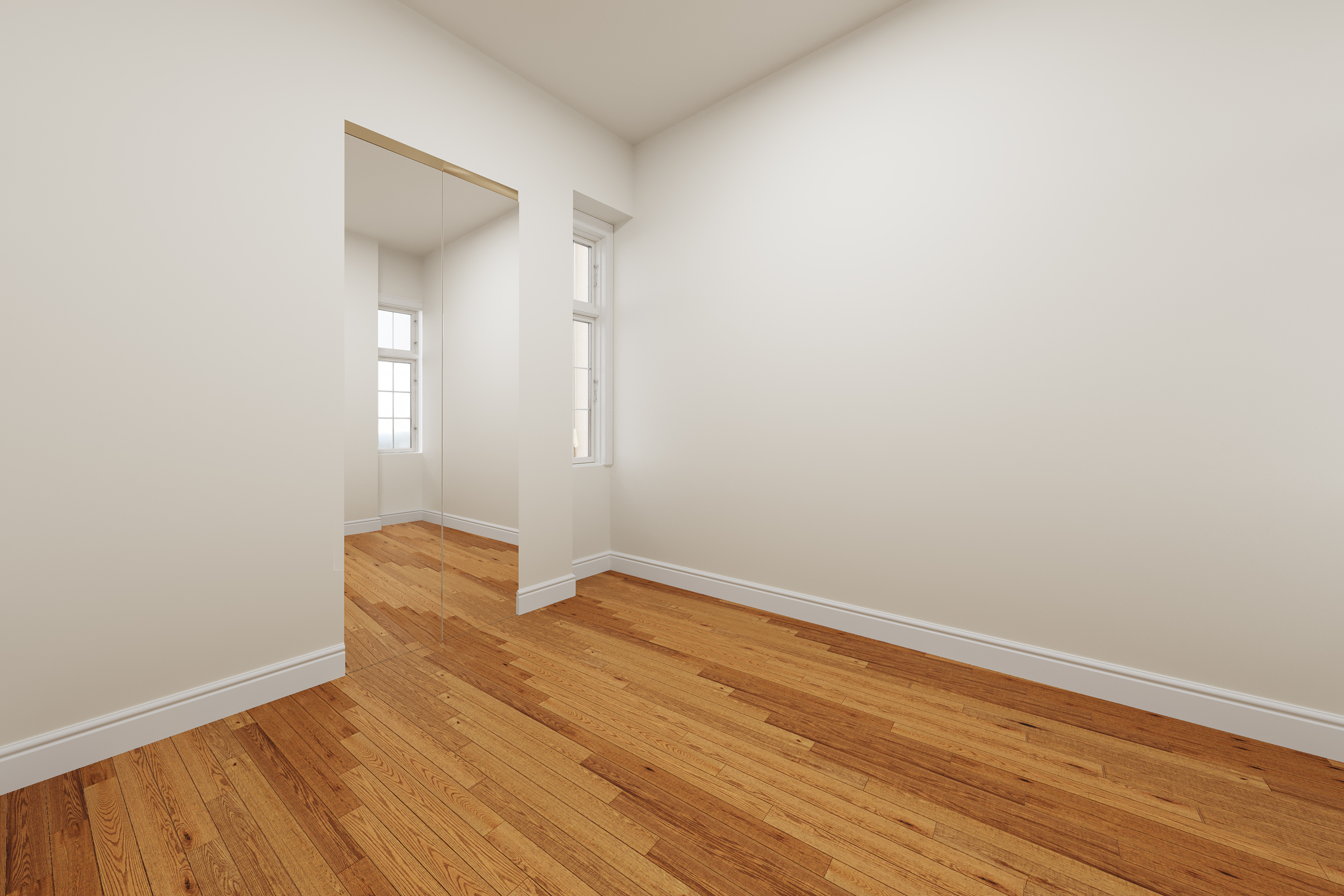 305 West 55th Street, Unit 2B Manhattan, NY 10019 - Photo 6 of 9 an empty room with wooden floor and windows