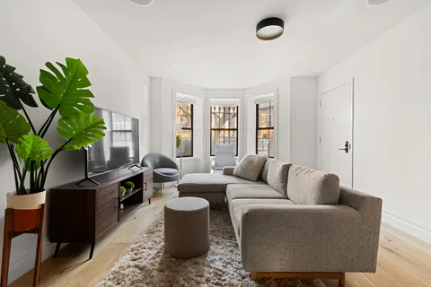 a living room with furniture a potted plant and a window