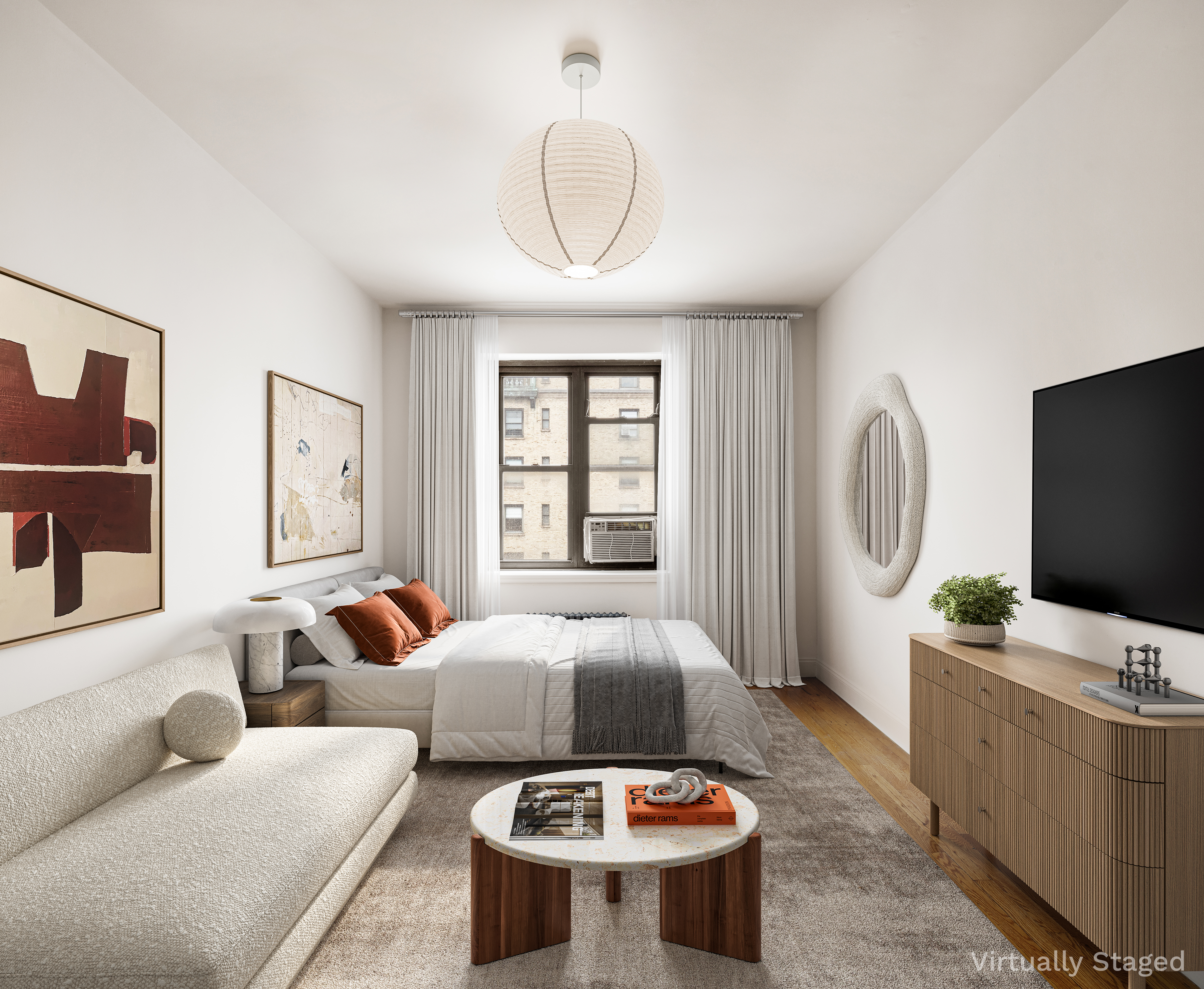 312 West 23rd Street, Unit 4G Manhattan, NY 10011 - Photo 5 of 12 a living room with furniture a large window and a flat screen tv