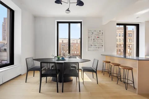a view of a dining room with furniture window and outside view
