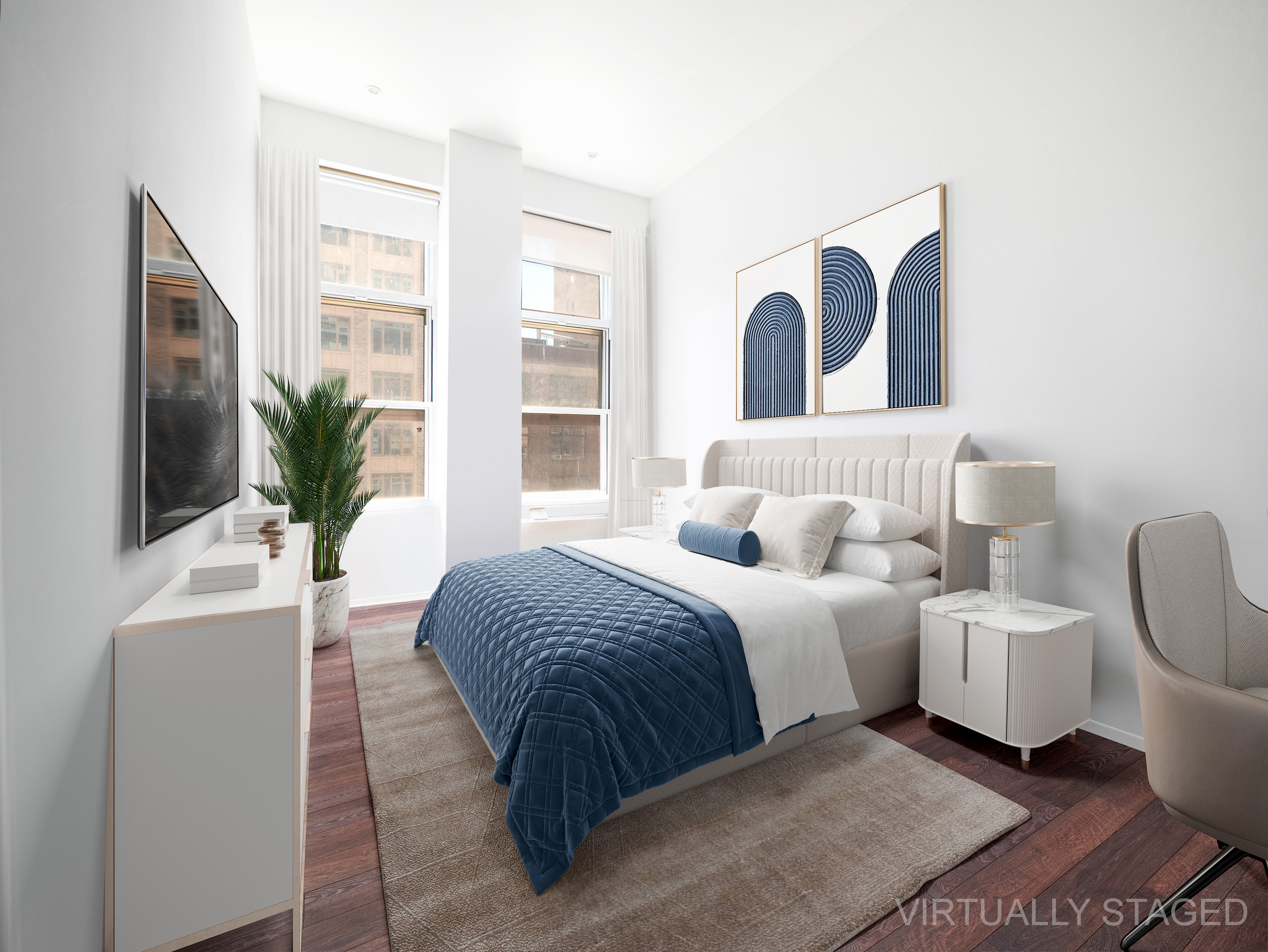 120 East 87th Street, Unit R6IJ Manhattan, NY 10128 - Photo 12 of 27 a bedroom with a large bed and a flat screen tv