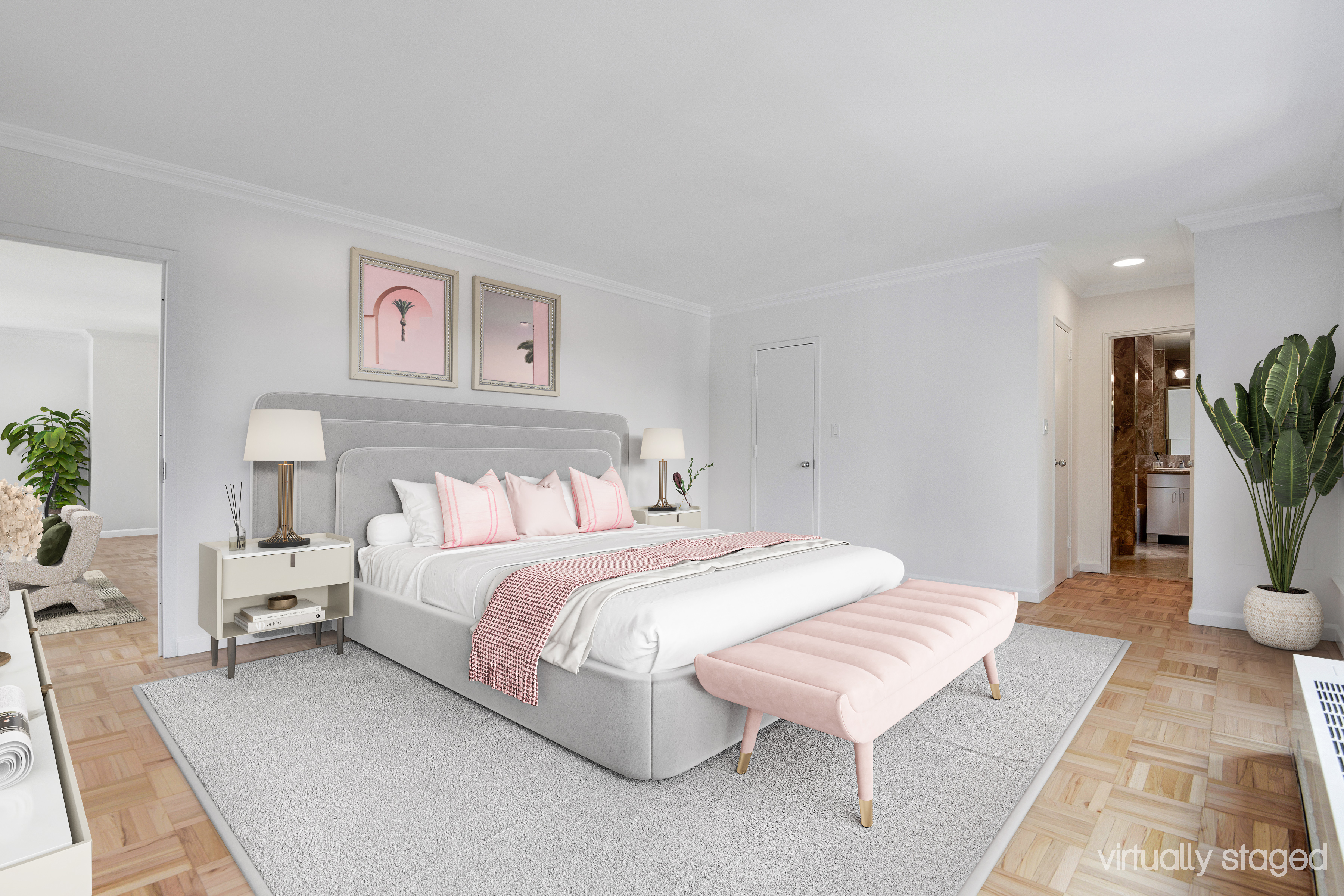 200 Central Park South, Unit 29C Manhattan, NY 10019 - Photo 4 of 23 a spacious bedroom with a bed and a potted plant on table