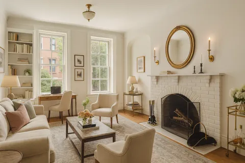 a living room with furniture a fireplace and a large window