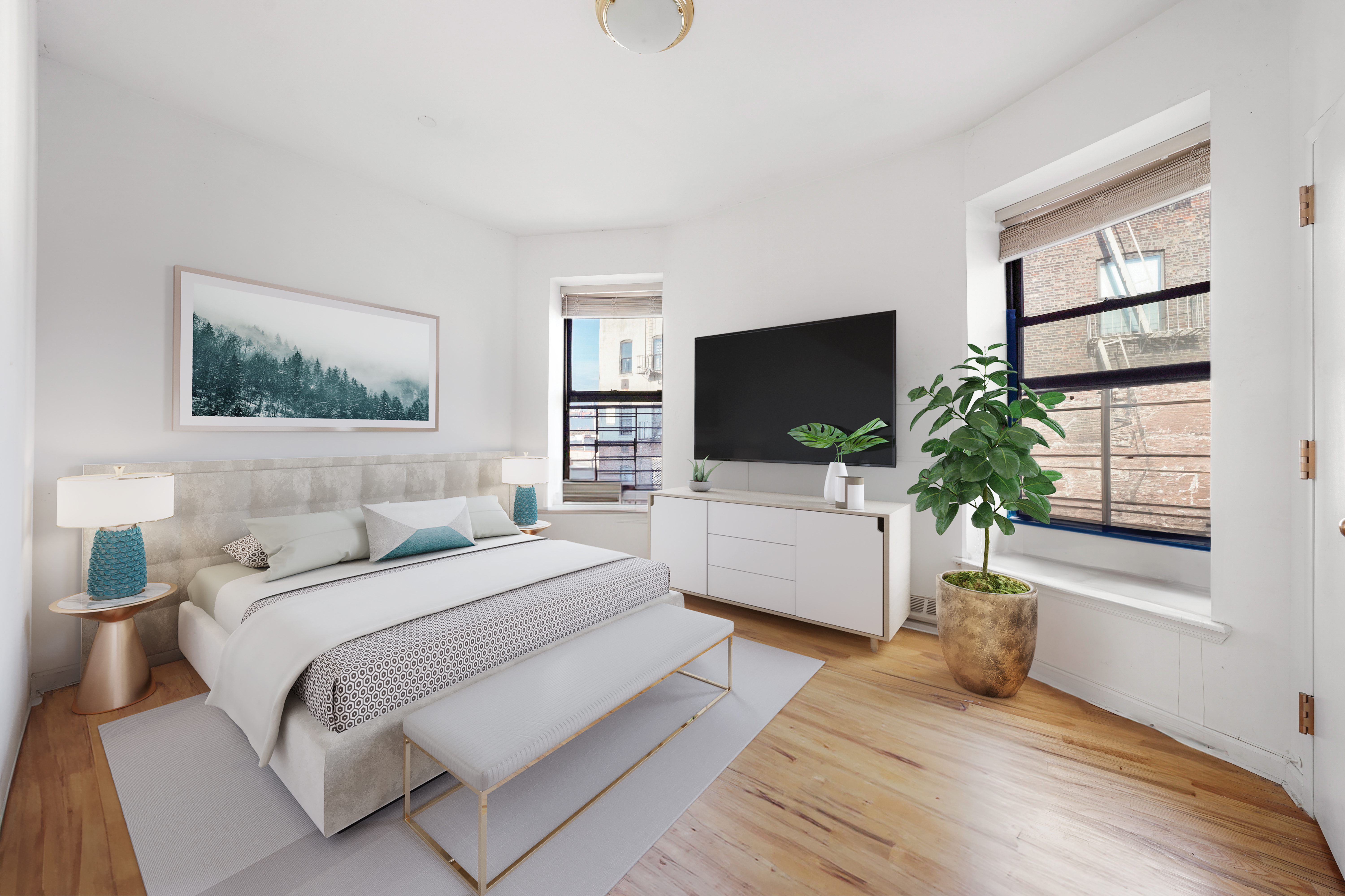 163 Lenox Avenue, Unit 5A Manhattan, NY 10026 - Photo 8 of 16 a bedroom with a bed and a flat screen tv
