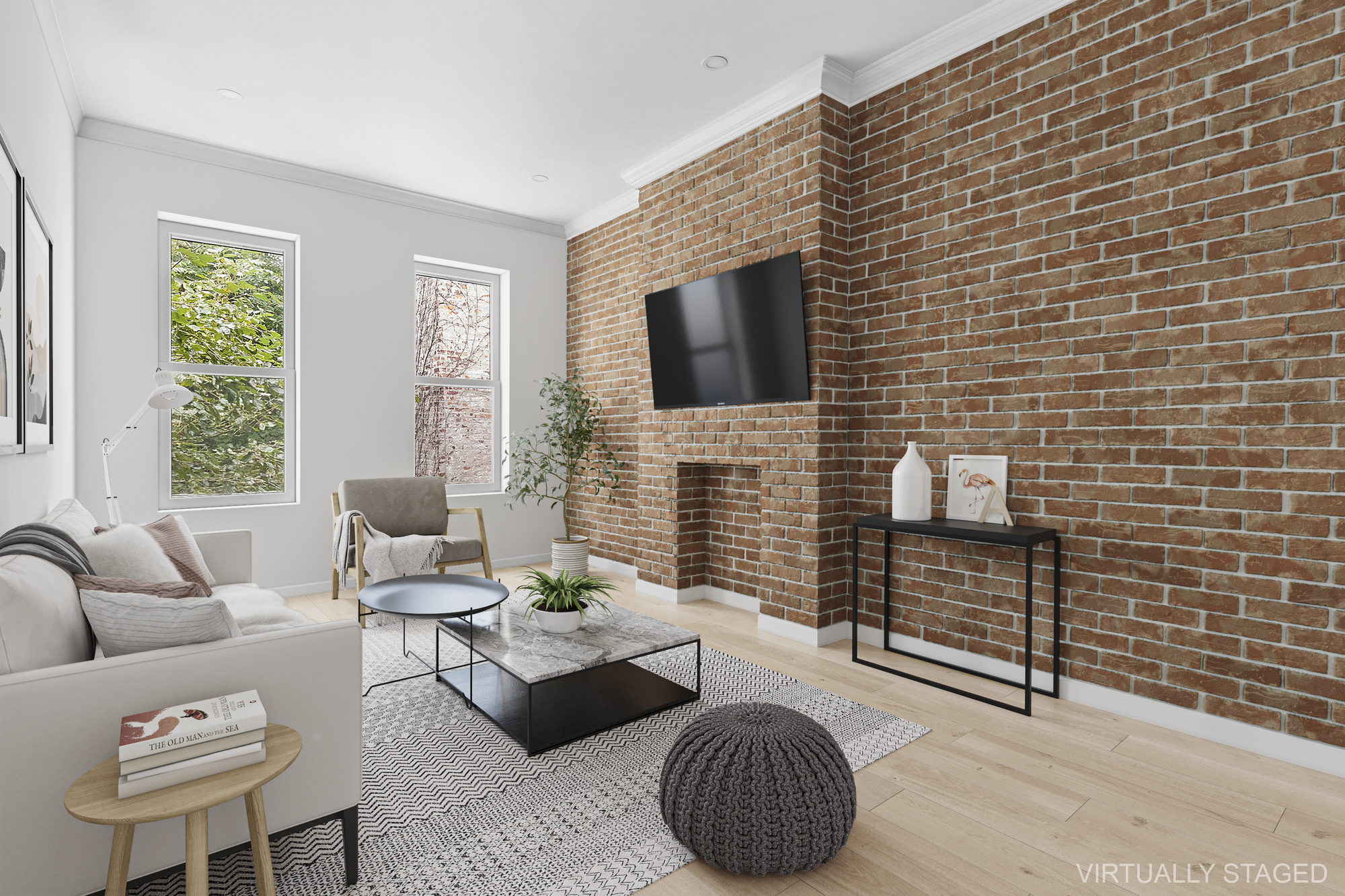 a living room with furniture a flat screen tv and a fireplace