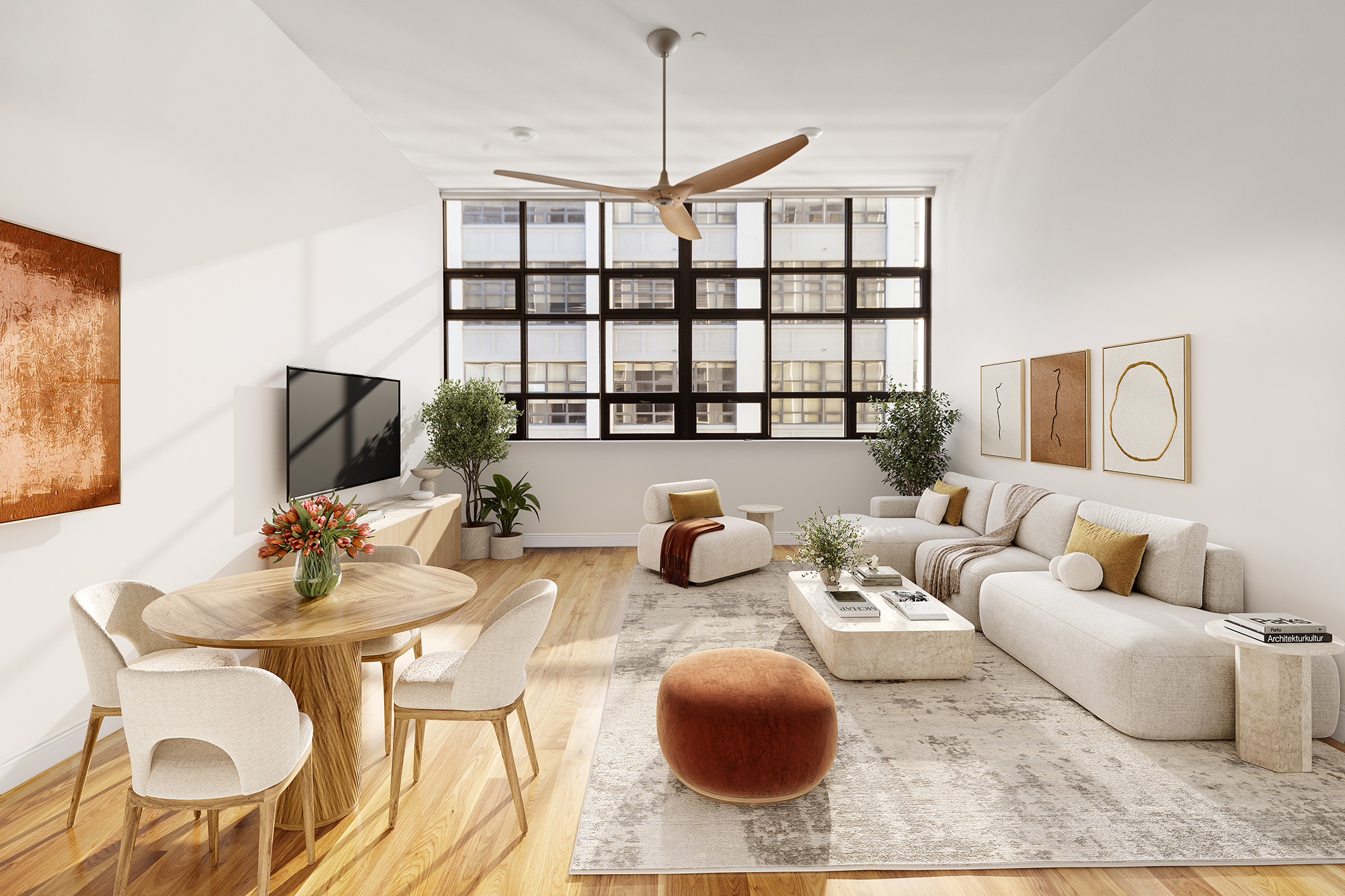 360 Furman Street, Unit 702 Brooklyn, NY 11201 - Photo 2 of 28 a living room with furniture and a flat screen tv