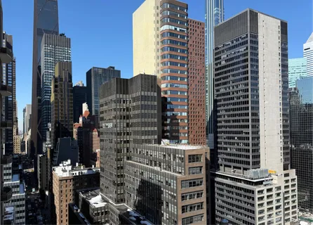 a city view with tall buildings