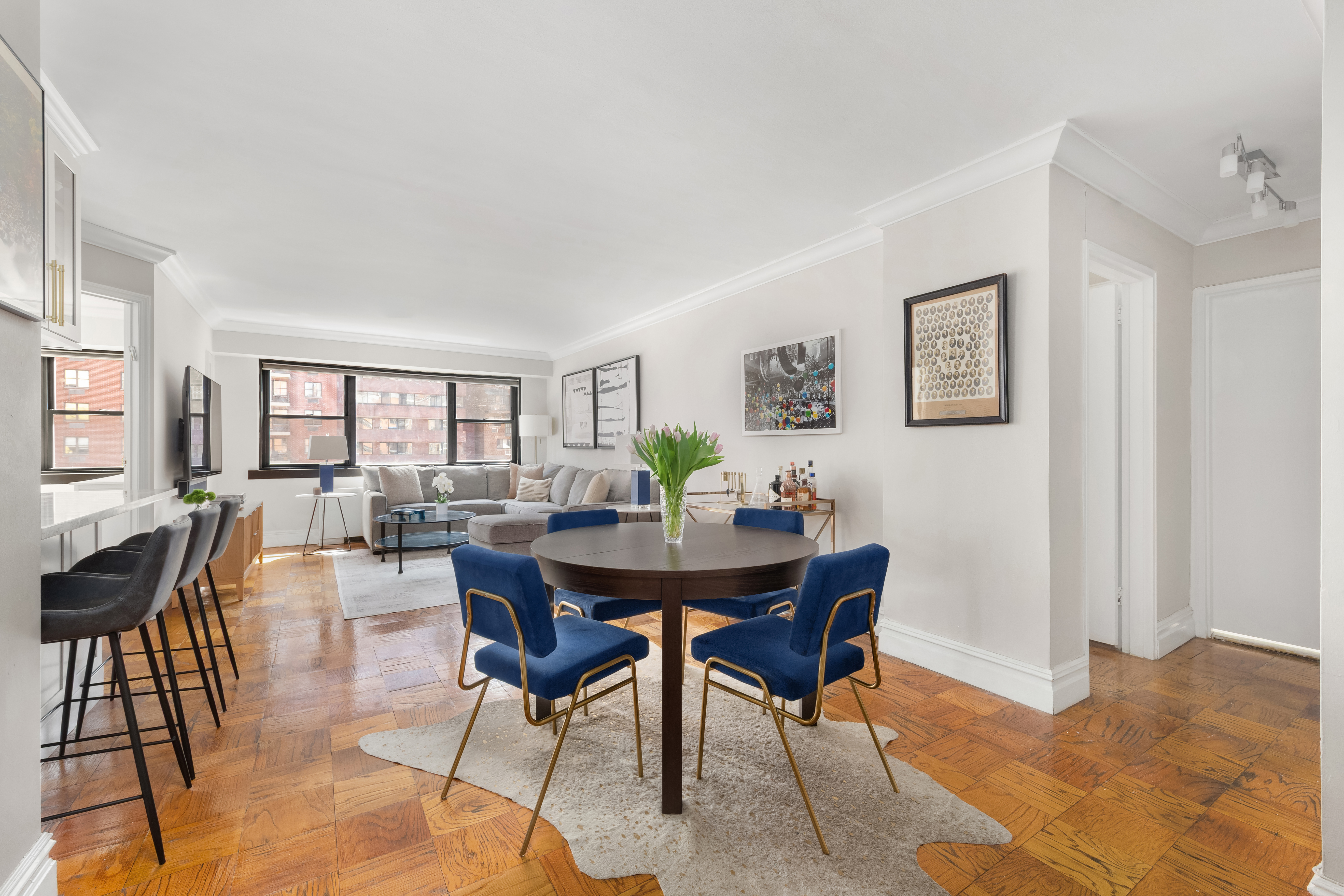 a view of a dining room with furniture
