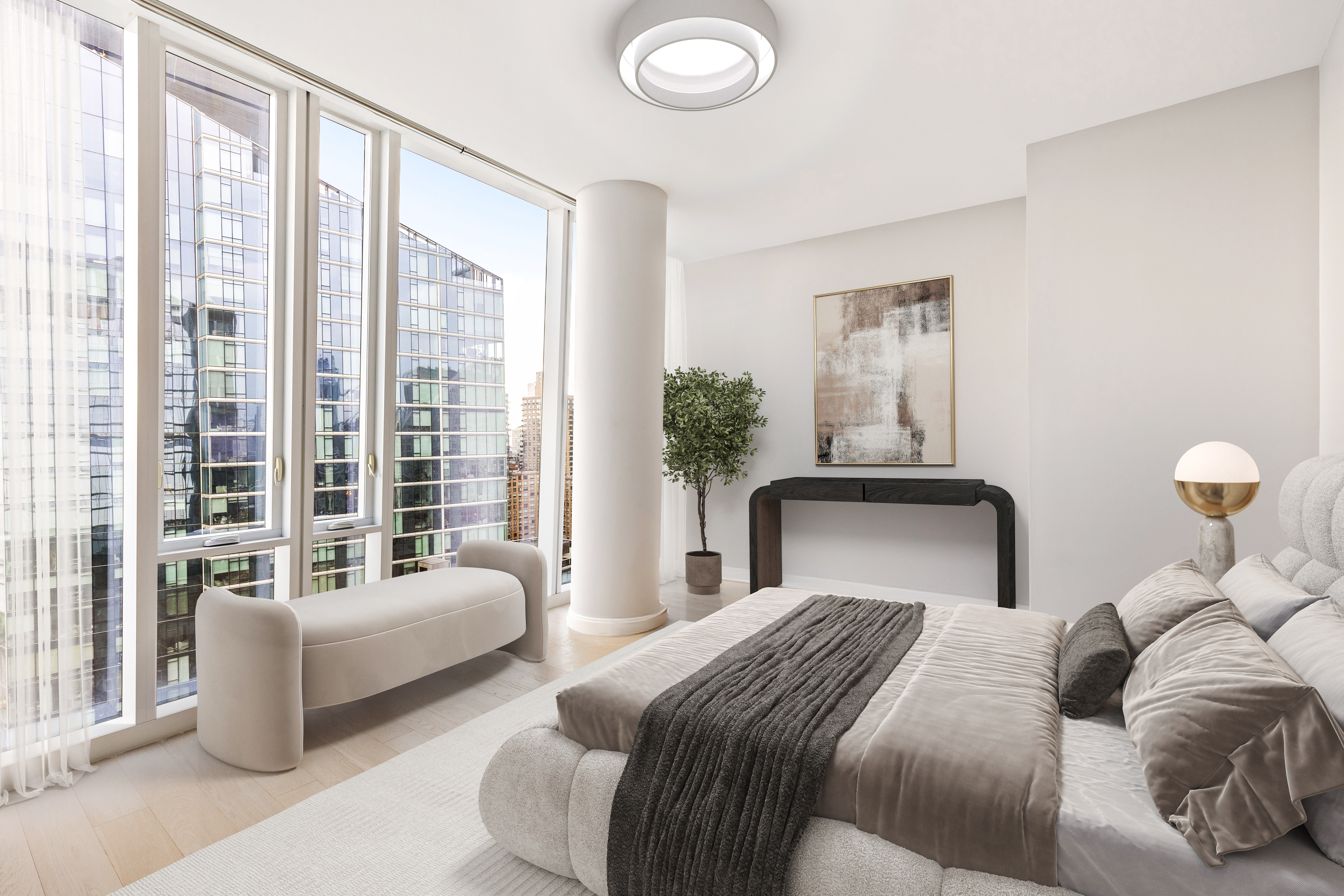 10 Riverside Boulevard, Unit 30B Manhattan, NY 10069 - Photo 4 of 19 a bedroom with a large bed couch and a large window