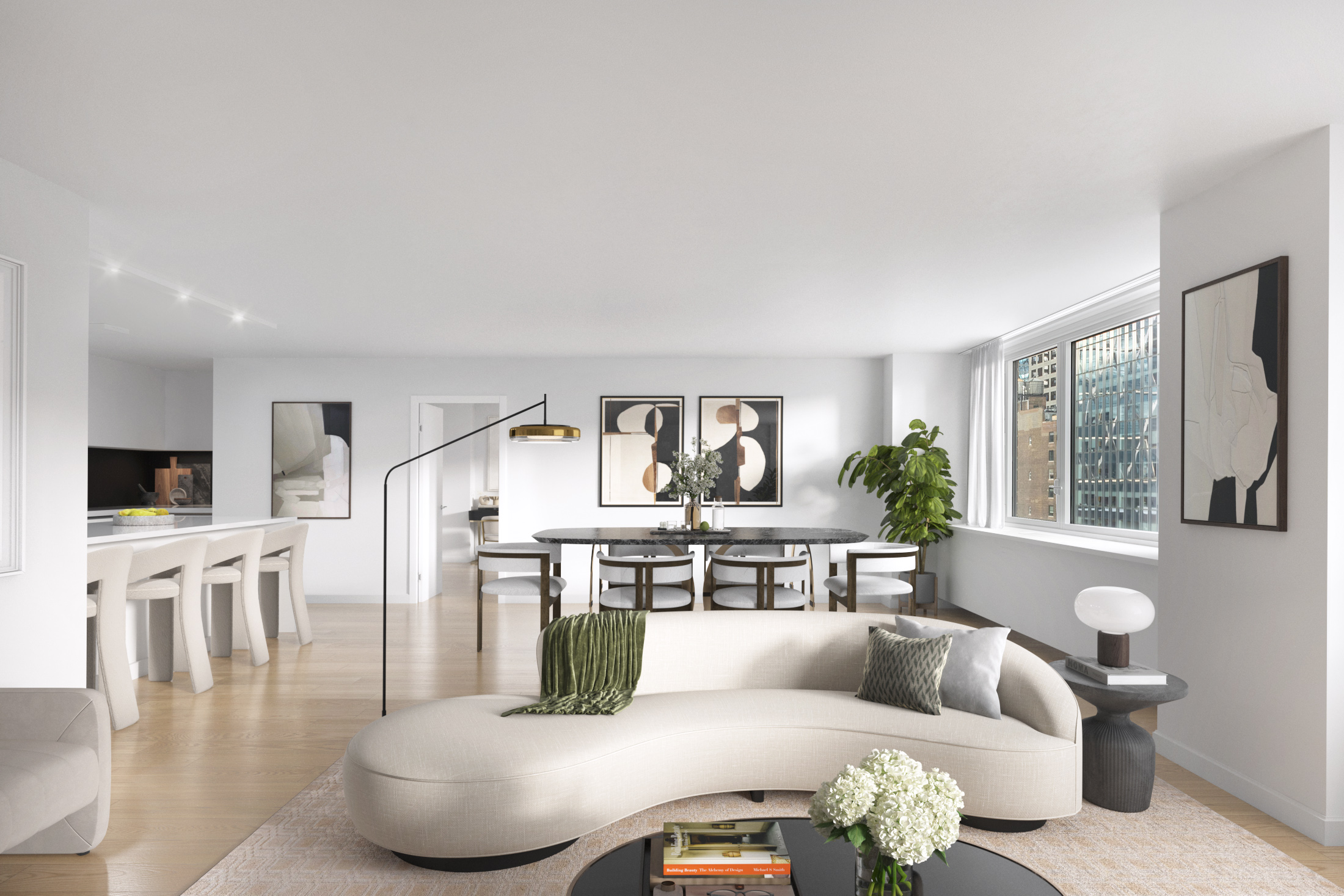 a living room with furniture and a table