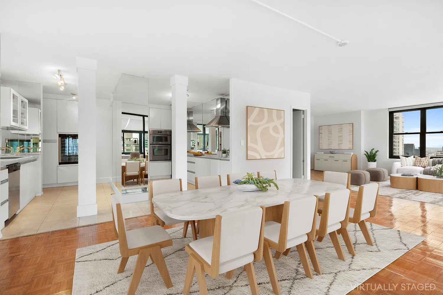 a view of a dining room with furniture