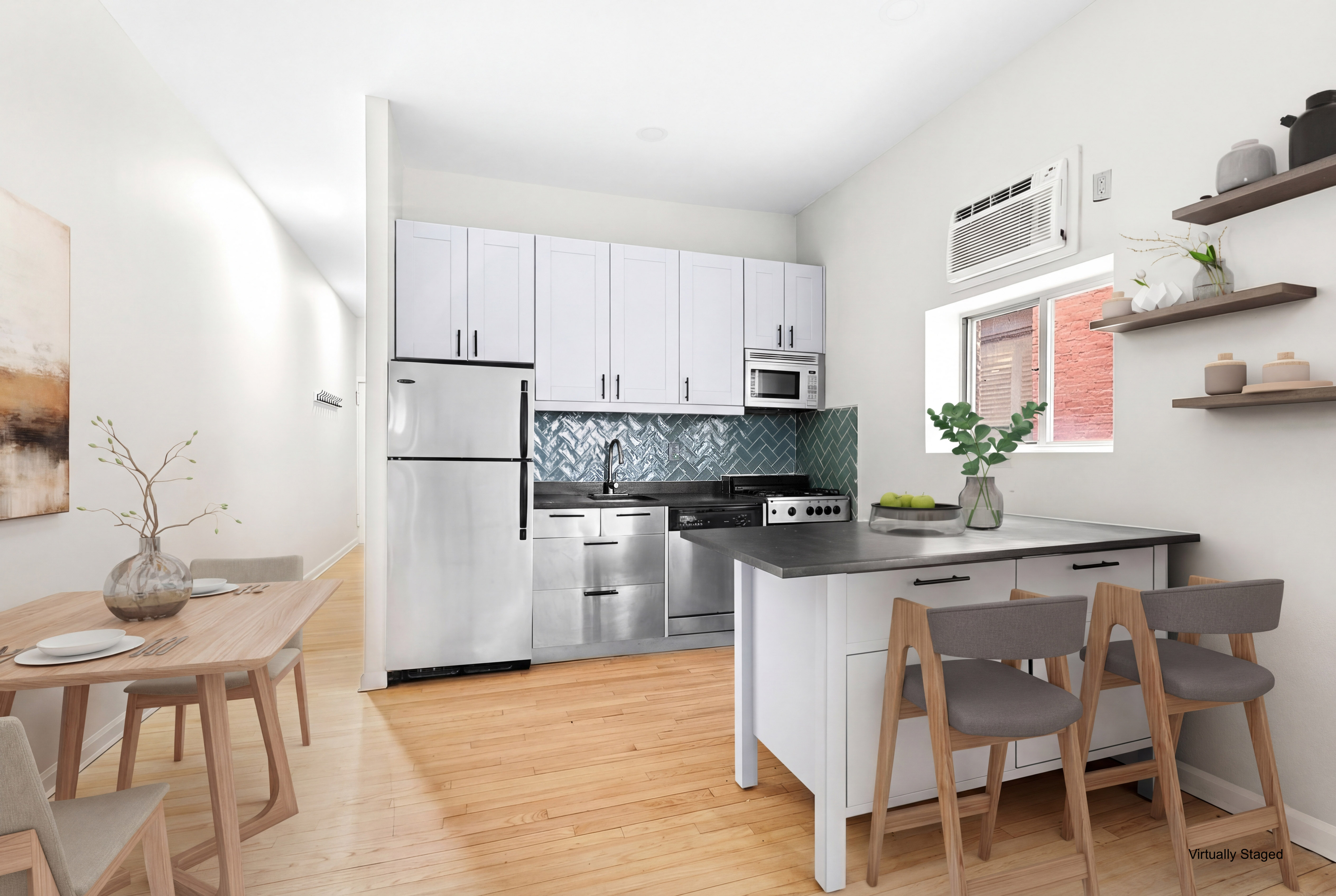 153 West 80th Street, Unit 4B Manhattan, NY 10024 - Photo 1 of 5 a kitchen with stainless steel appliances white cabinets and wooden floor