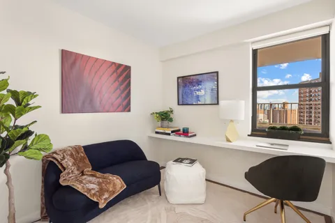 a living room with furniture and a potted plant