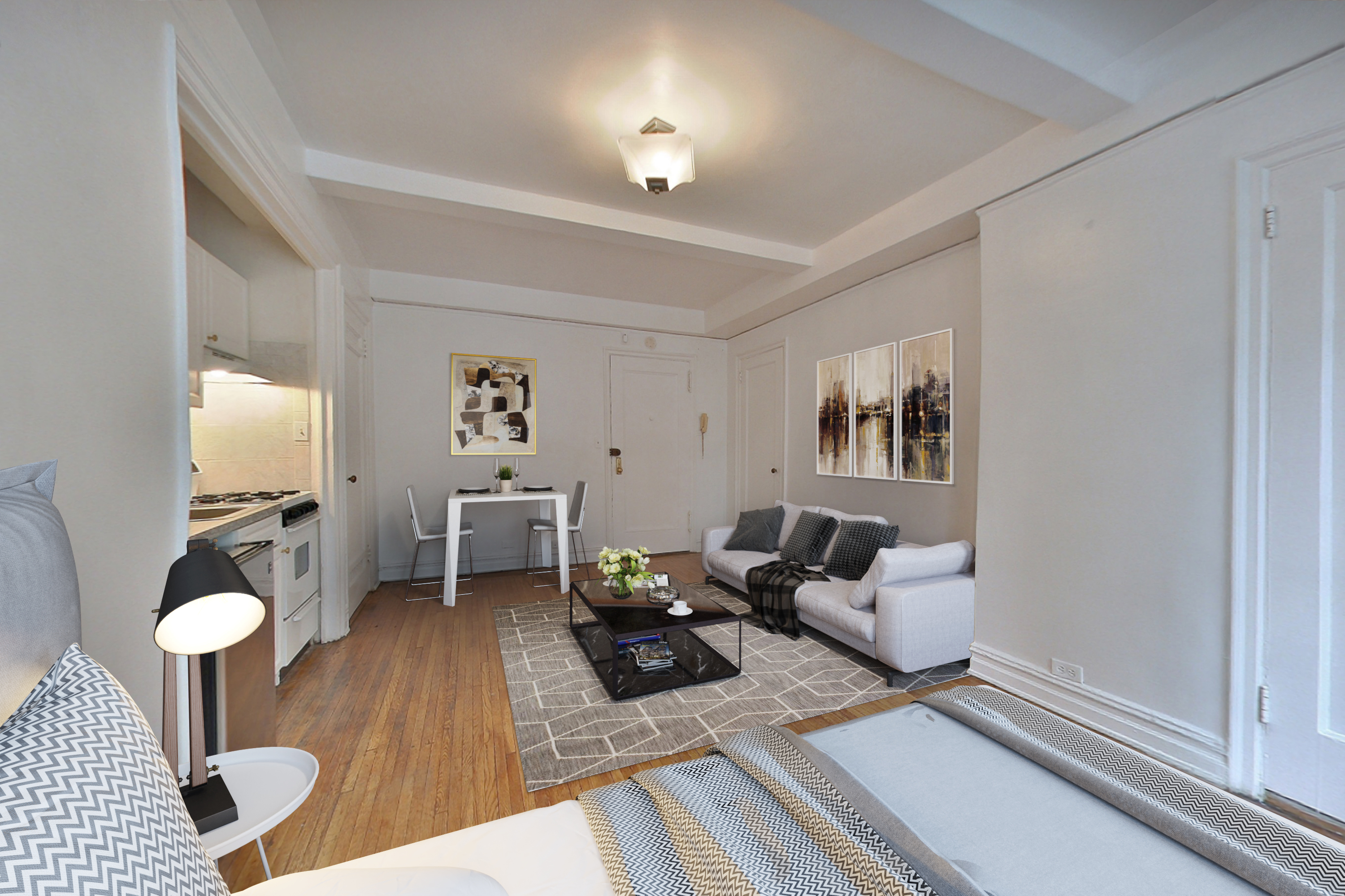 457 West 57th Street, Unit 814 Manhattan, NY 10019 - Photo 2 of 5 a living room with furniture and wooden floor