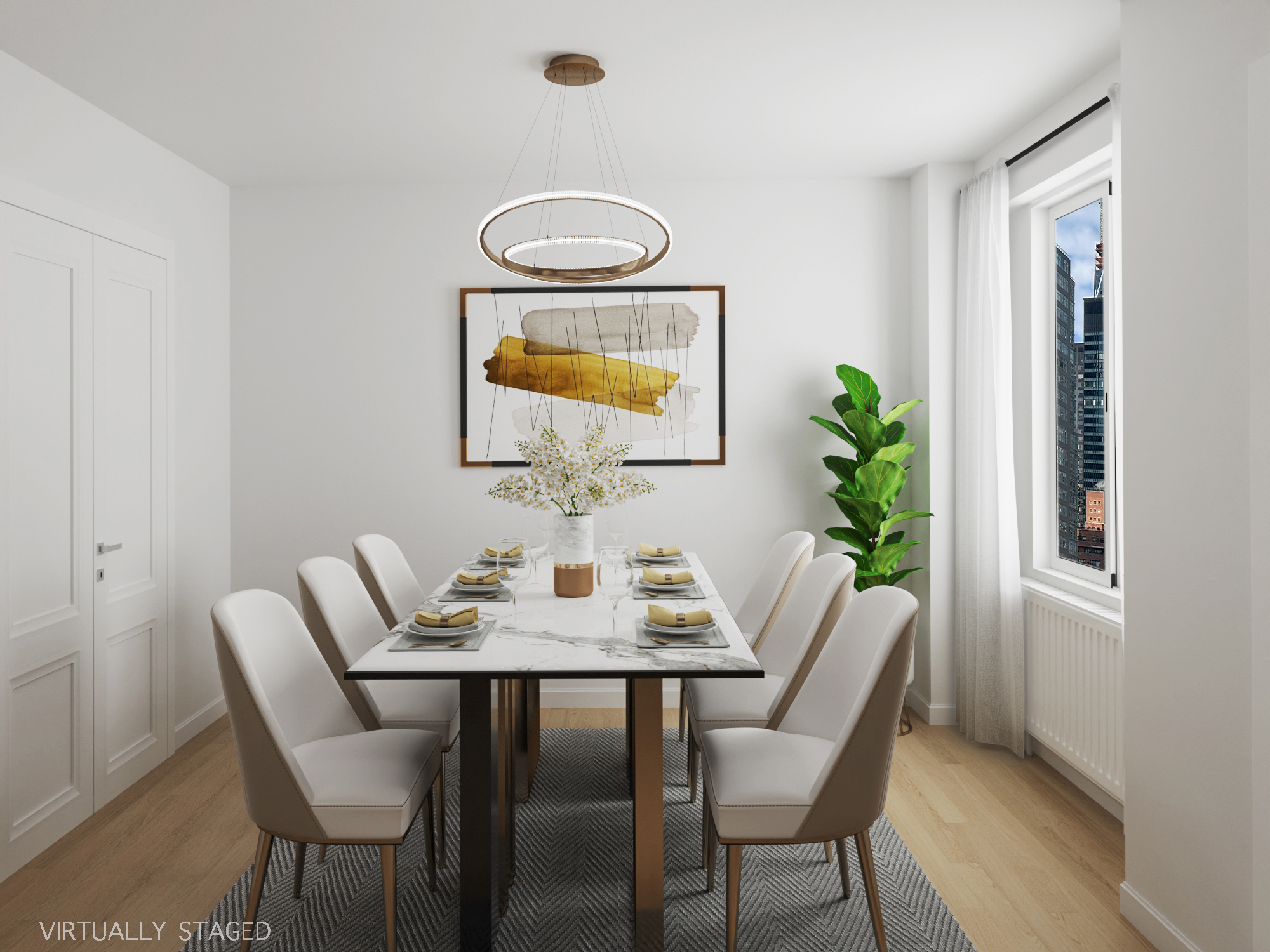 411 East 53rd Street, Unit 11K Manhattan, NY 10022 - Photo 3 of 19 a dining room with furniture and wooden floor