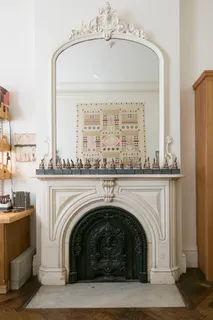 a close view of a fireplace in kitchen