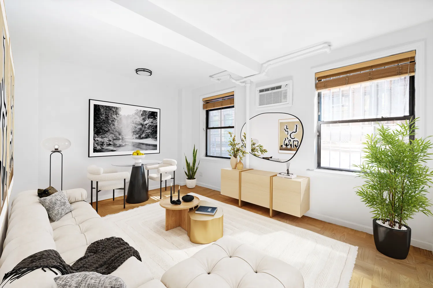 a living room with furniture a clock and a window