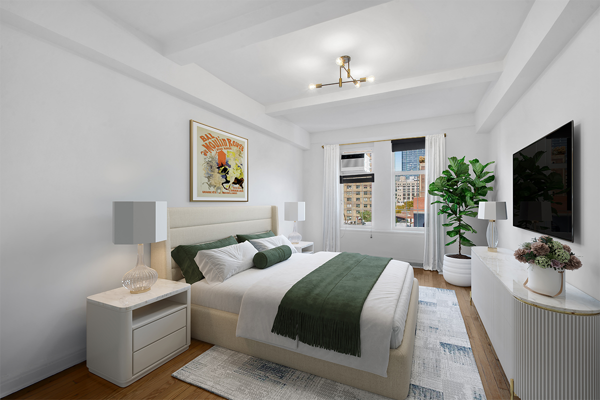 410 West 24th Street, Unit 9K Manhattan, NY 10011 - Photo 7 of 14 a bedroom with a large bed and a flat screen tv