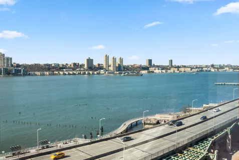 a view of a lake with a city view