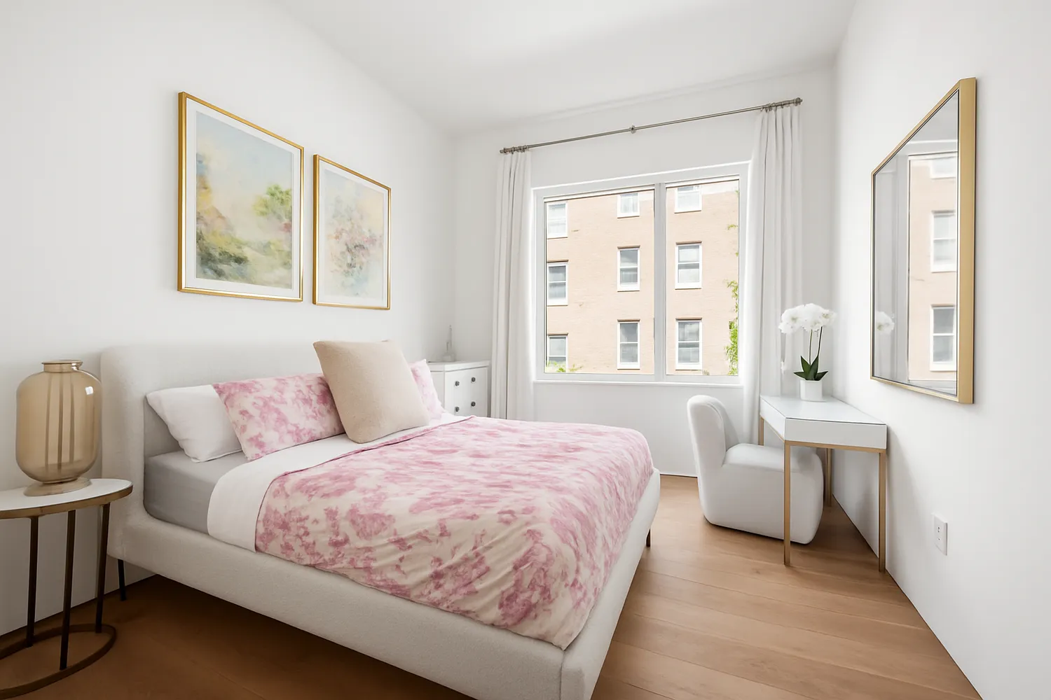 a bedroom with a bed and a large window