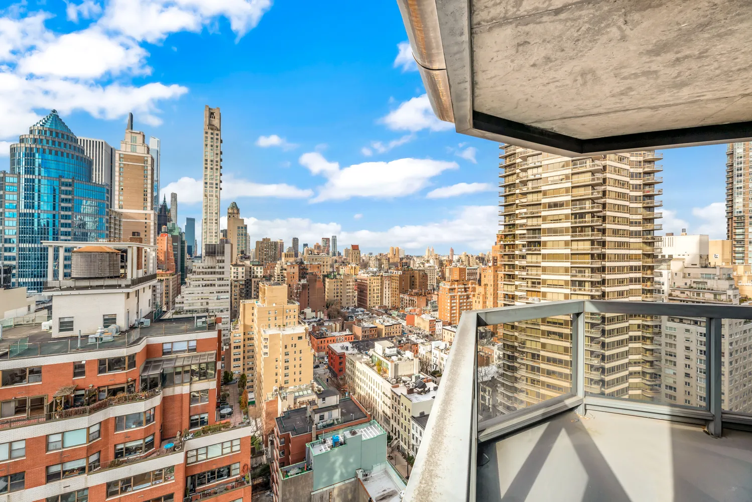 a city view with tall buildings