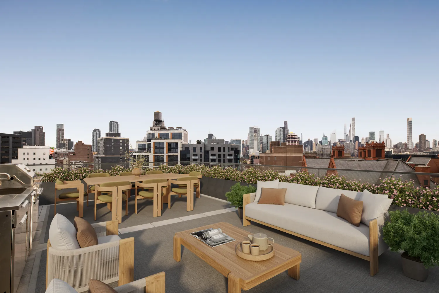 a view of a terrace with furniture and a view of city