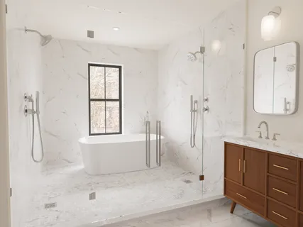 a bathroom with a shower sink and mirror