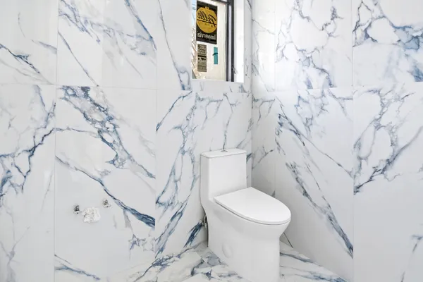 a white toilet sitting next to a shower curtain