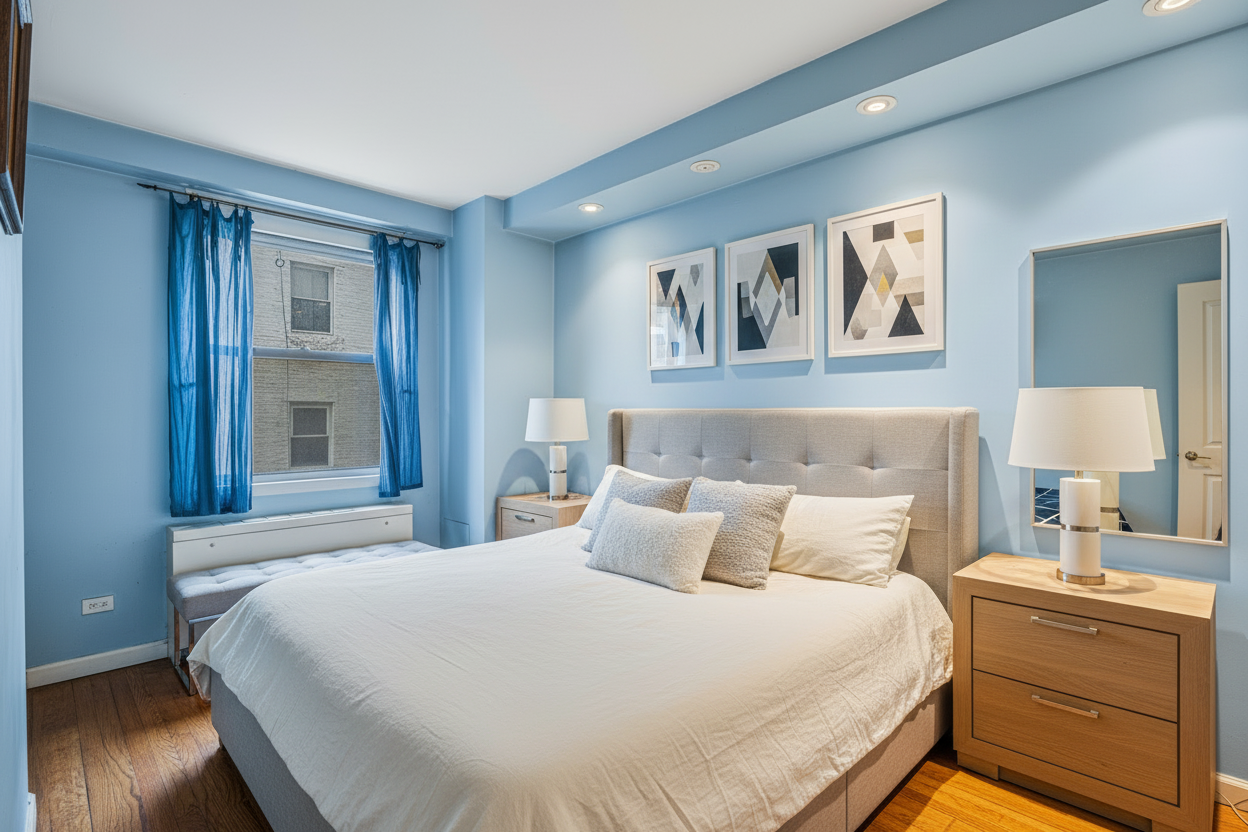 201 East 21st Street, Unit 3K Manhattan, NY 10010 - Photo 3 of 8 a bedroom with a bed and a lamp on dresser