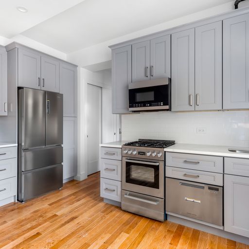 317 West 87th Street, Unit 8C Manhattan, NY 10024 - Photo 2 of 9 a kitchen with white cabinets and stainless steel appliances