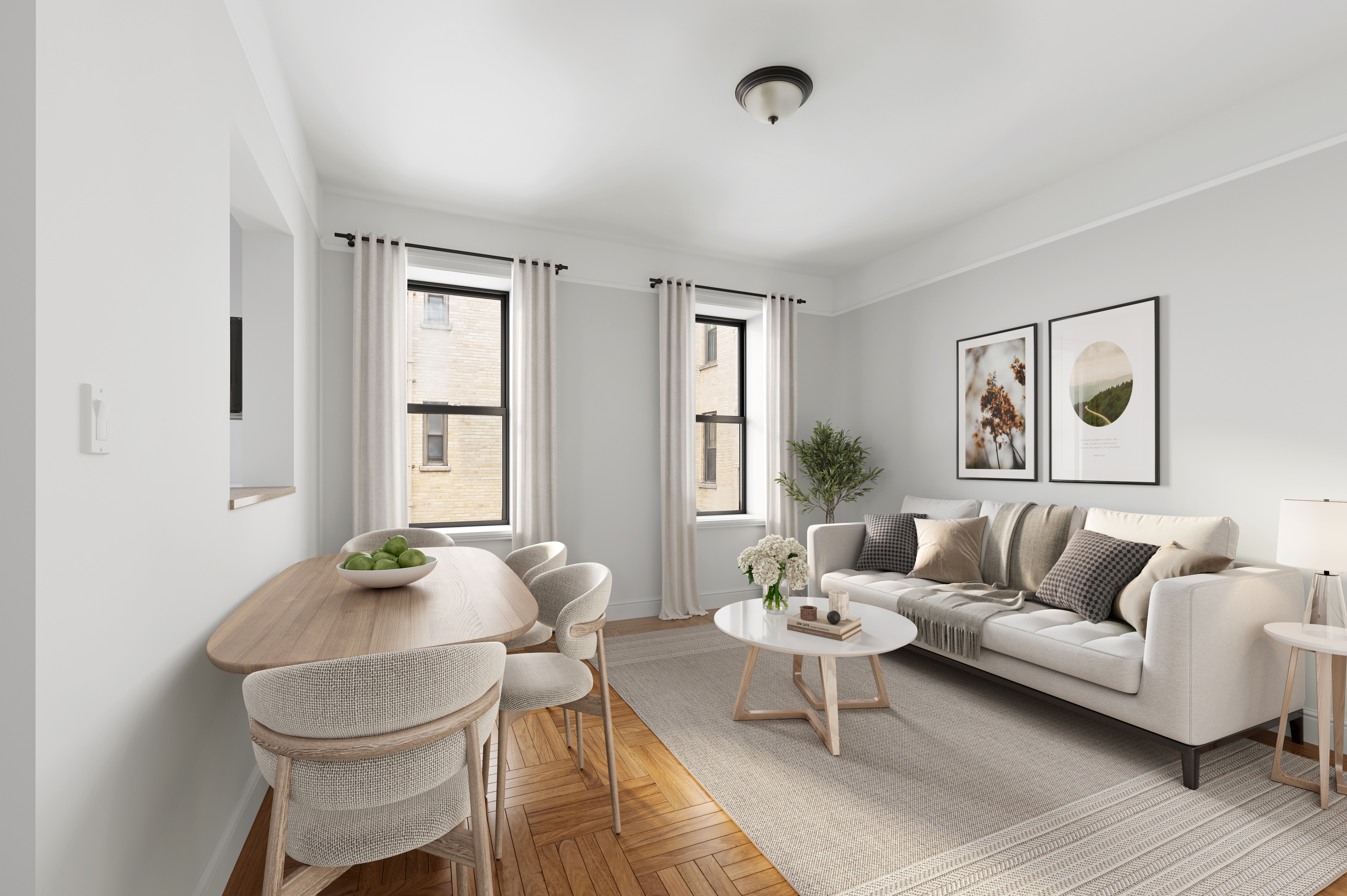 a living room with furniture and wooden floor