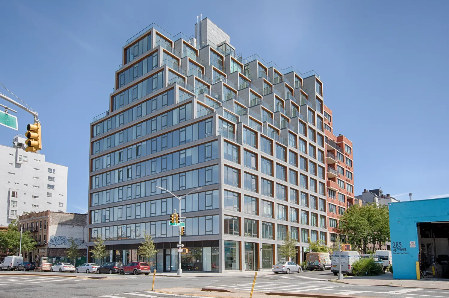 a view of a building with a street