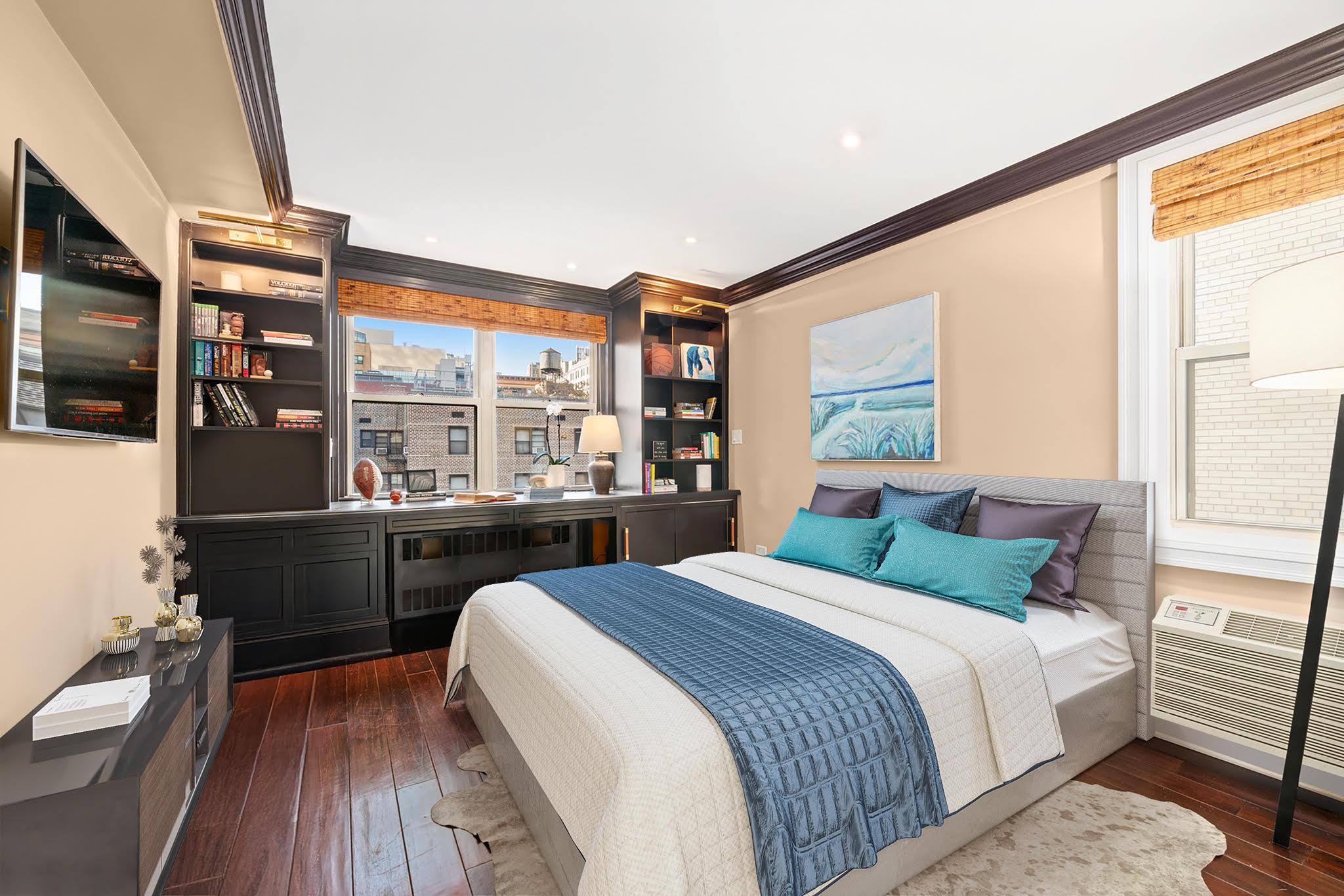 40 East 9th Street, Unit 6M Manhattan, NY 10003 - Photo 7 of 22 a bedroom with a large bed and a flat tv screen