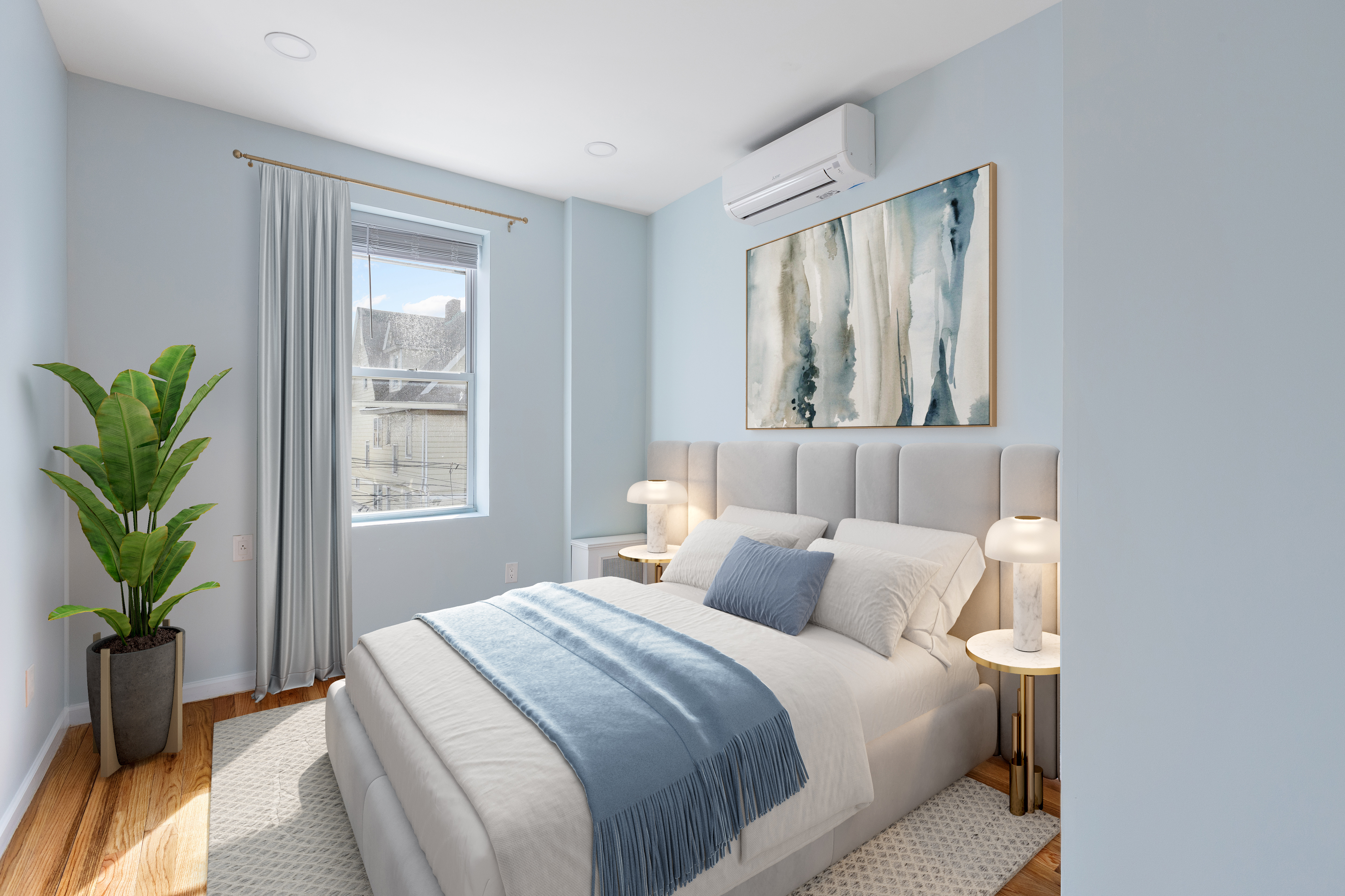 2773 Bedford Avenue Brooklyn, NY 11210 - Photo 11 of 17 a bedroom with a bed and a window with potted plant