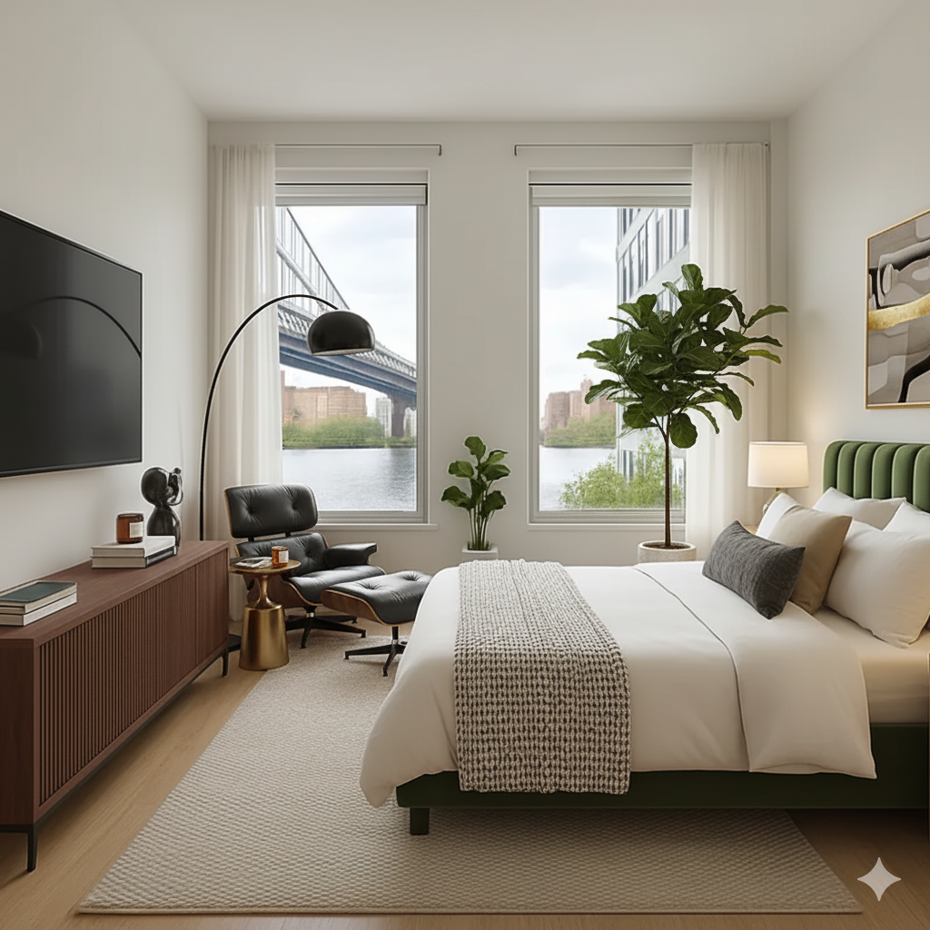 5 South 5th Street, Unit 913 Brooklyn, NY 11249 - Photo 1 of 24 a bedroom with a large bed and a flat screen tv